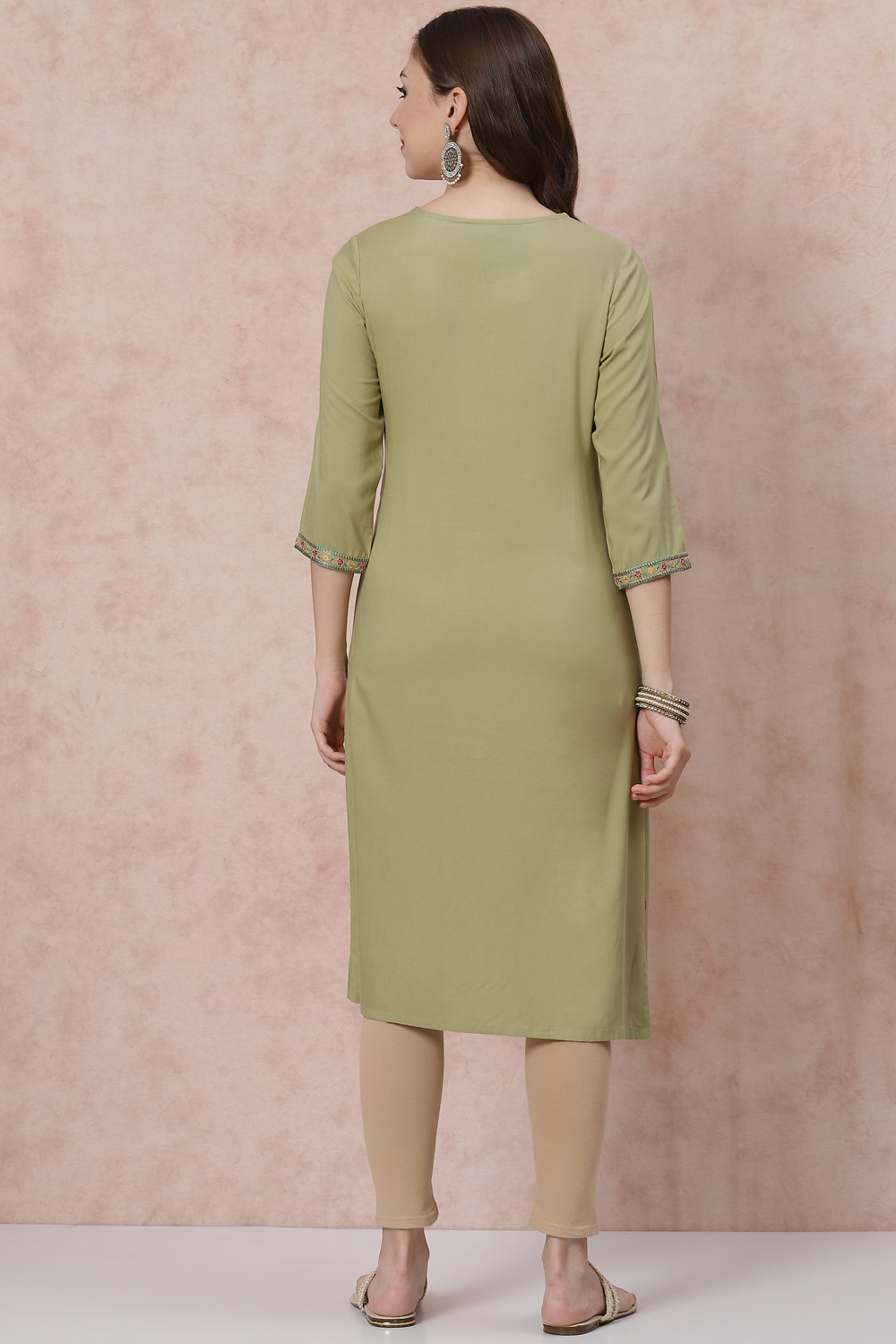 Olive Green LIVA Straight Kurta image number 4